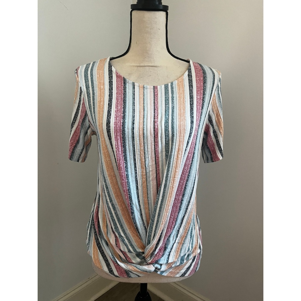 Coastal Chic Multi Color Striped Tee Medium Twist Front Short Sleeve Preppy Boho